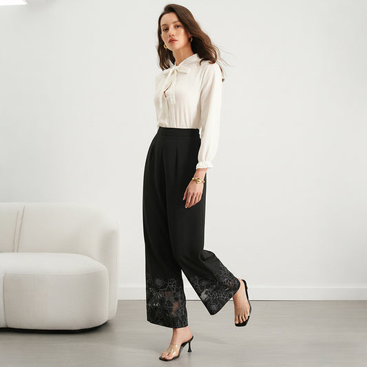 Solid-color Sheer Lace-panel Straight-leg Pants For Women