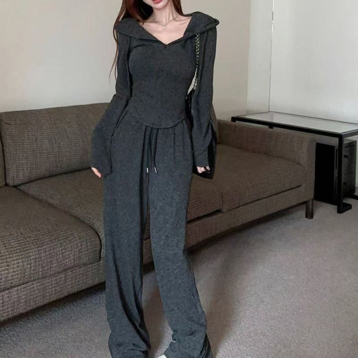 Short Hooded Cardigan Hoodie Two Piece Set With Zippers