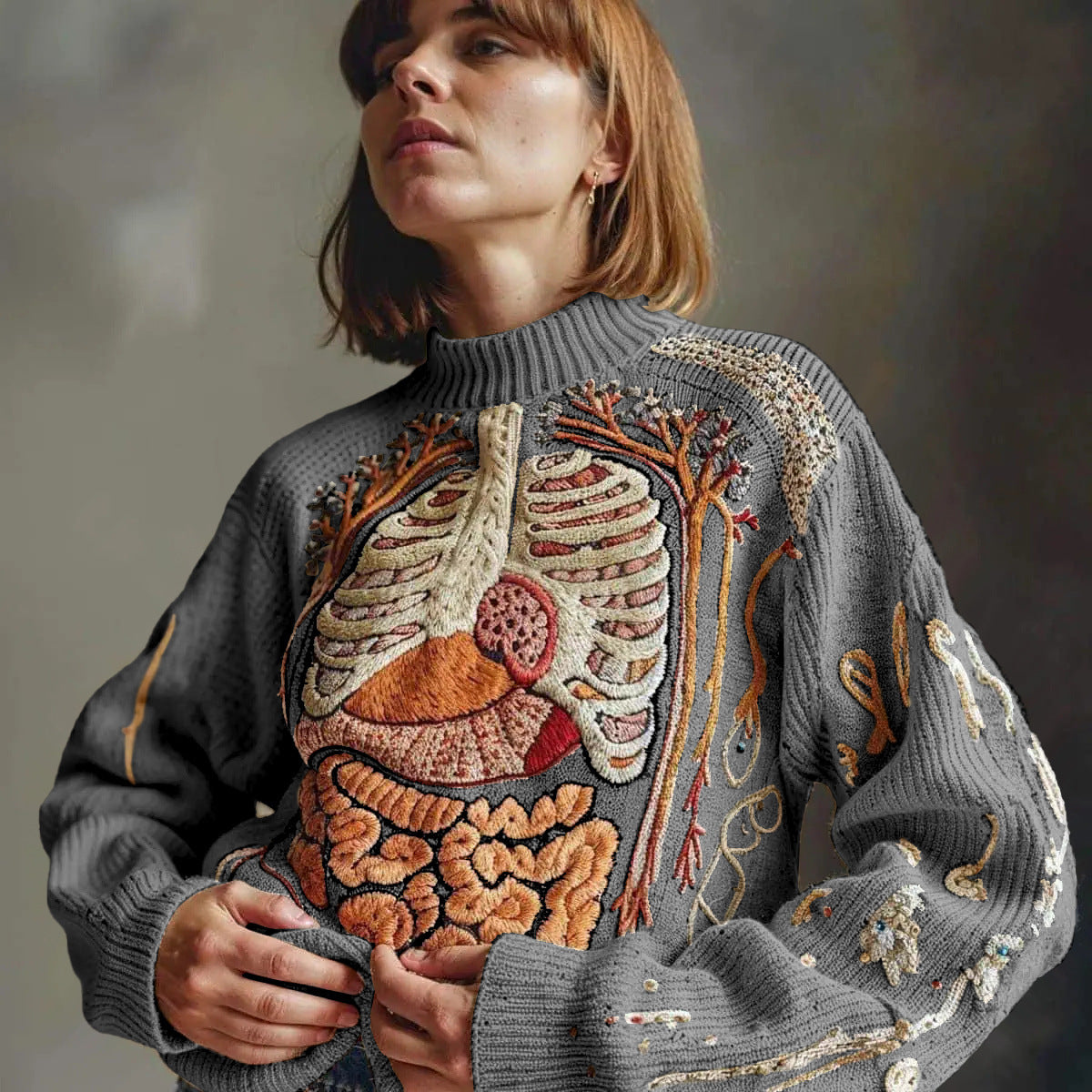 Dame Moderigtig Retro Printet Sweater Med Rund Hals