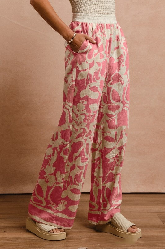 Women's Flower Print Elastic-waist Straight-leg Pants Loose Casual Pants