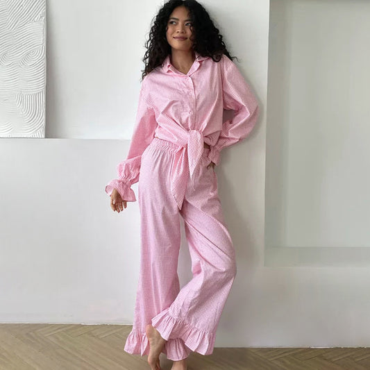 Plaid Ruffled Long-sleeve Cardigan And Tie-front Pants Two-piece Set