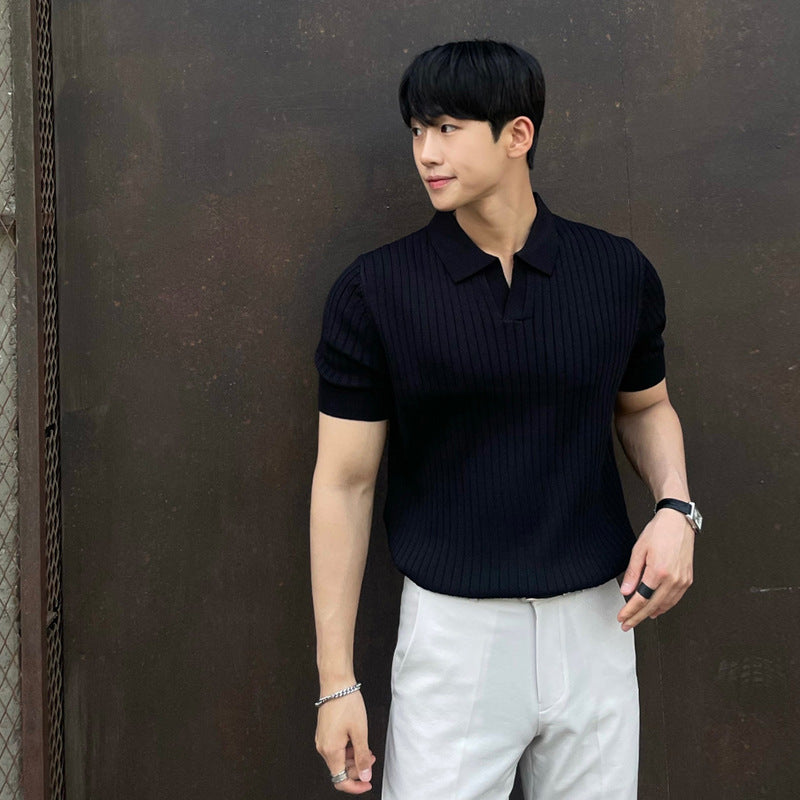 Sommer striber kortærmet POLO Shan herre koreansk slim fit revers ensfarvet afslappet tynd halværmet trend strikket top