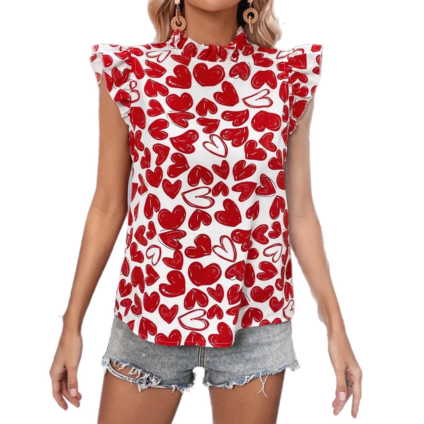 Heart-Shaped All-Over Print Ruffle-Trimmed Valentines Day Shirt