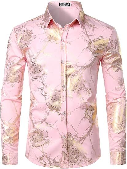 Golden Rose Print Slim Fit Long Sleeve Formal Wear Shirt