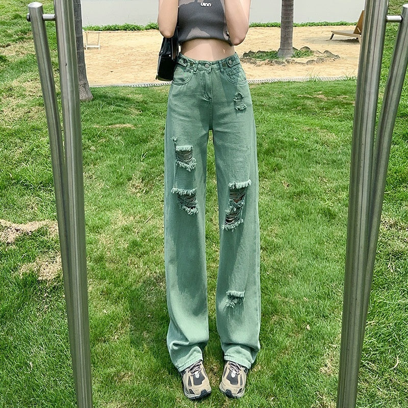 Adjustable Buckle High Waist Ripped Narrow Wide Leg Jeans
