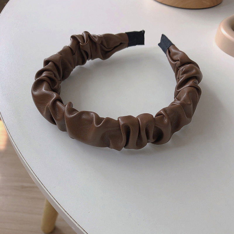 French High-end PU Leather Pleated Headband
