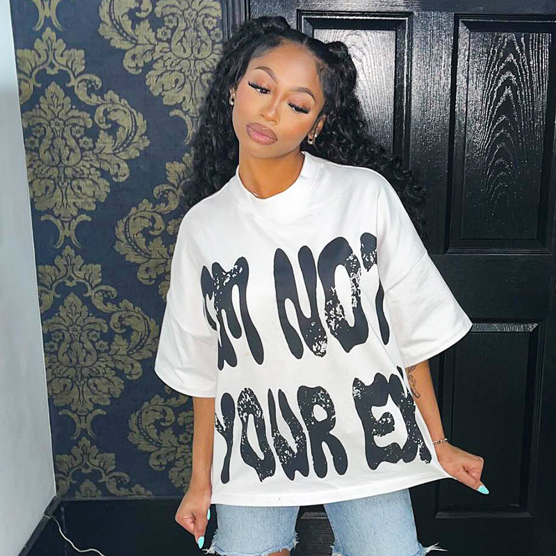 Letter Printed Round Neck Casual Loose-fitting T-shirt