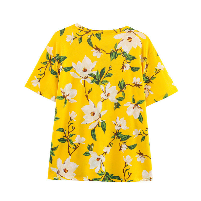 Flower Print Pullover Short-sleeved Casual Top