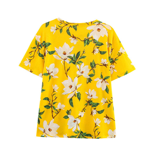 Flower Print Pullover Short-sleeved Casual Top