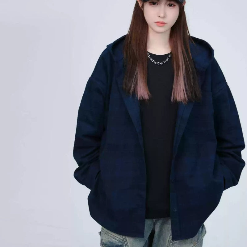 Spring New Men And Women Blue Plaid Hooded Long-sleeved Shirt