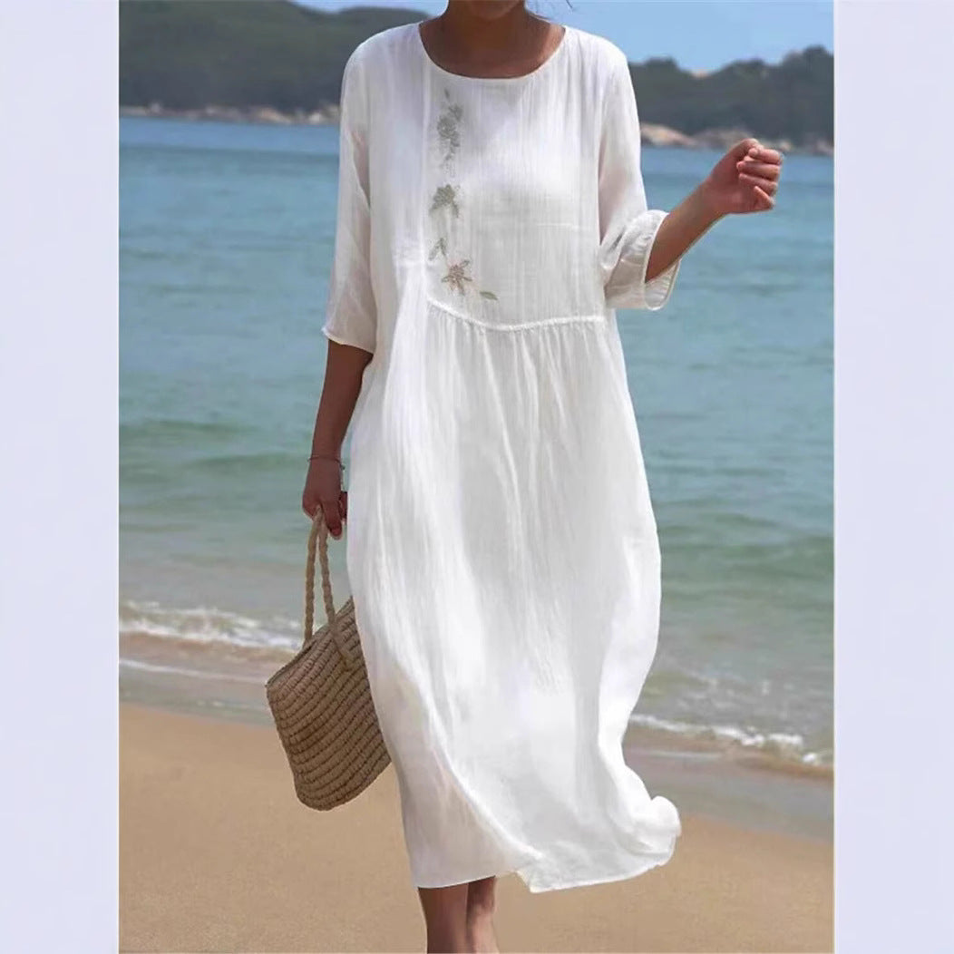 Womens Long Casual Printed Dress With A Crew Neck