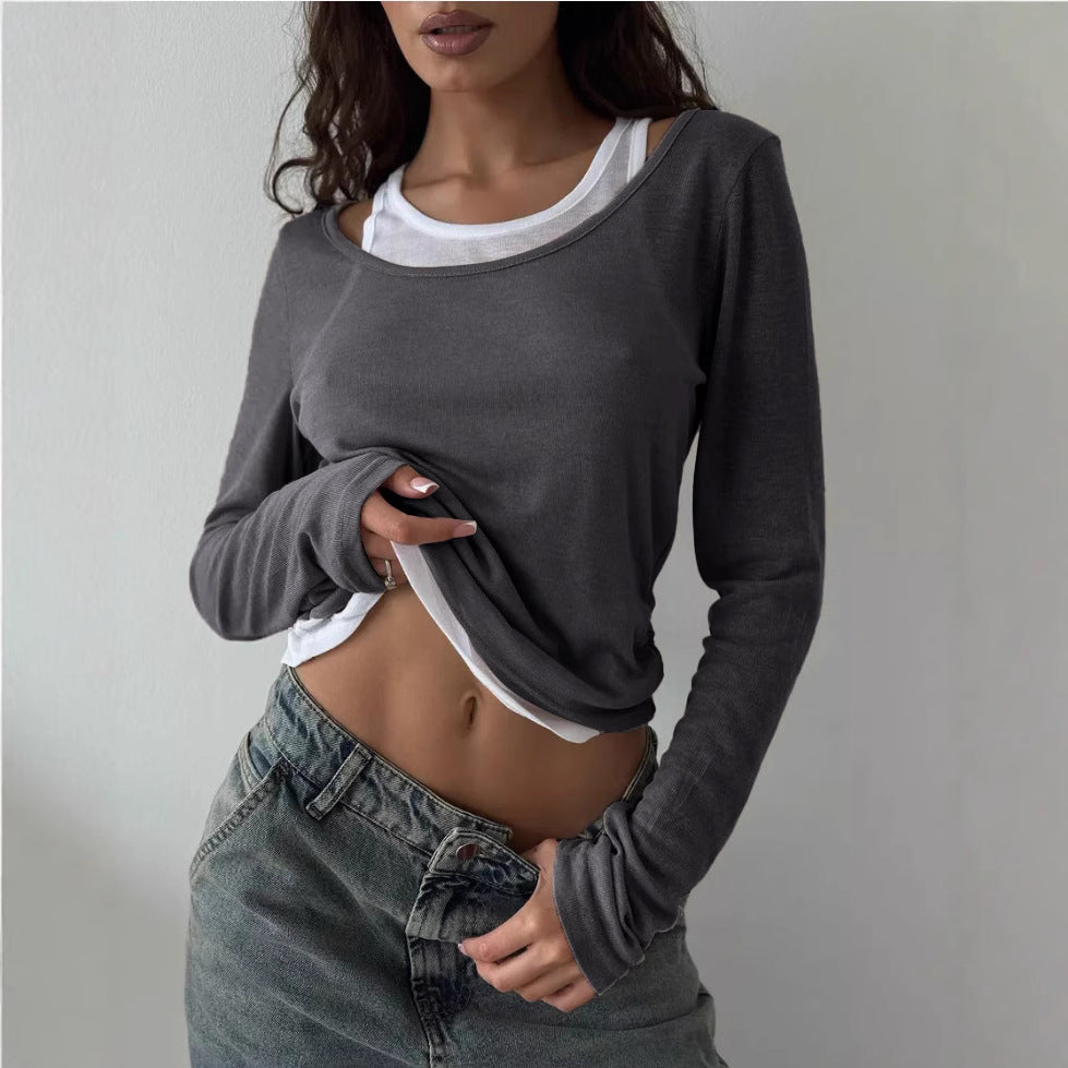 Fake Two-tone Color Long Sleeve Women's Slim-fit Short Base Shirt