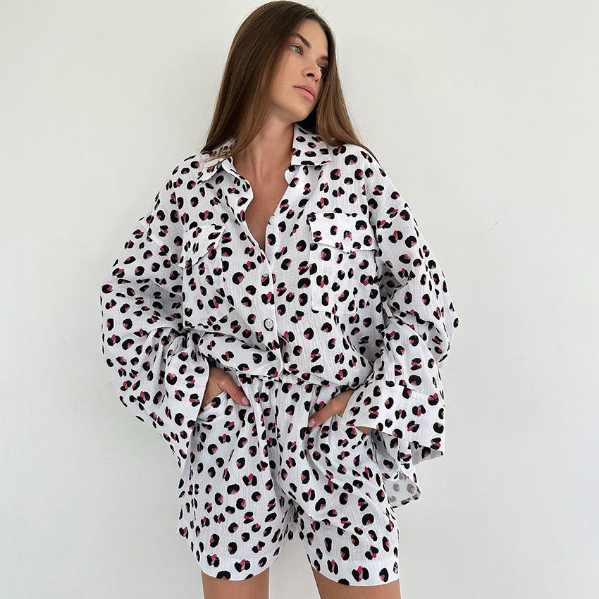 Cotton Printed Floral Cardigan Long-Sleeve Shorts Pajama Set