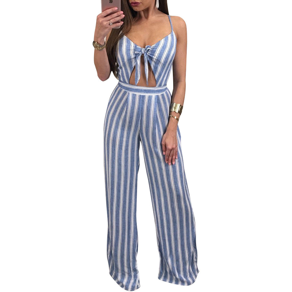Womens White Striped Off-Shoulder Sexy Loose Jumpsuit