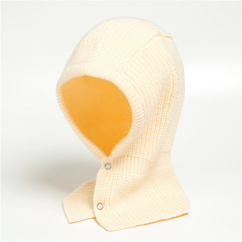 One Piece Warm Solid Button Wool Hat Neckband