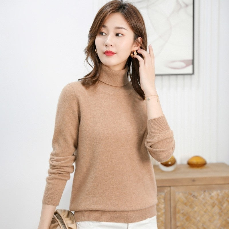 Pure Wool Sweater Women's Turtleneck Pullover Solid Color Loose Short