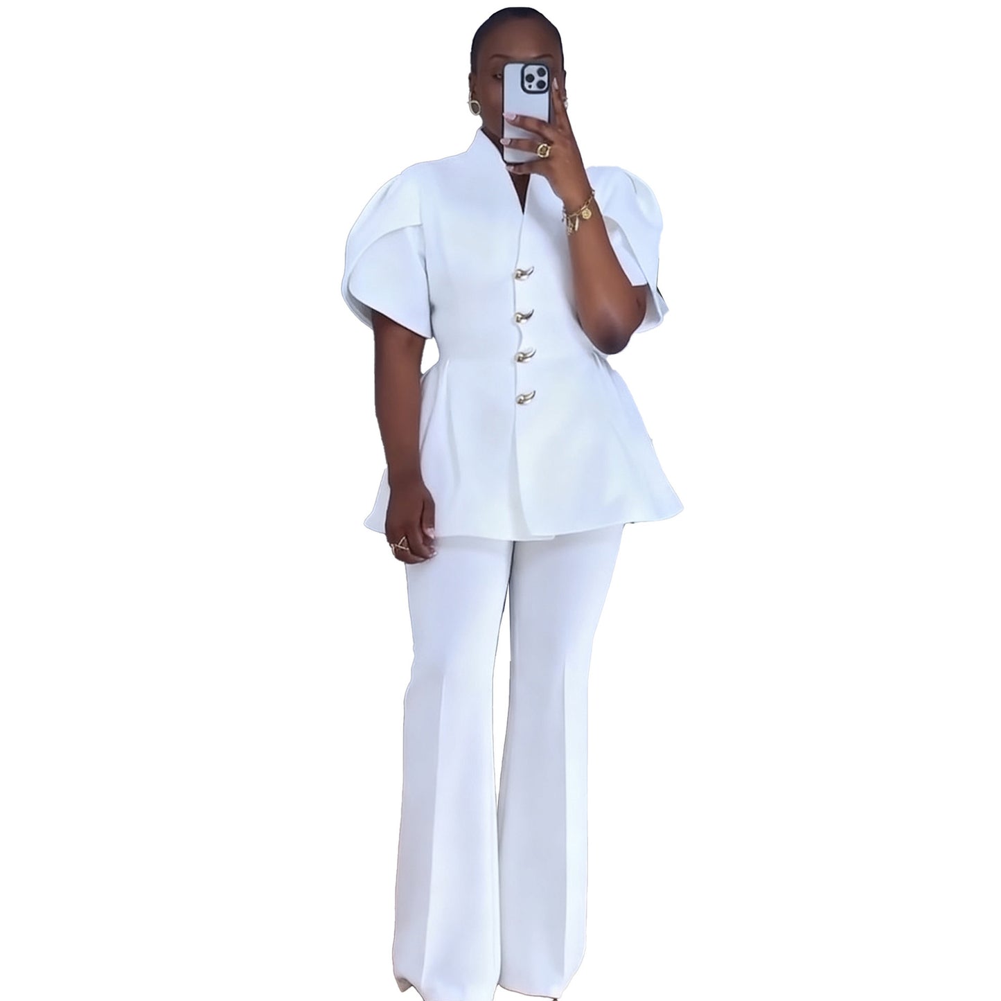 Elegant Commuter Two-Piece Set Womens Top With Bud Sleeves And Pants
