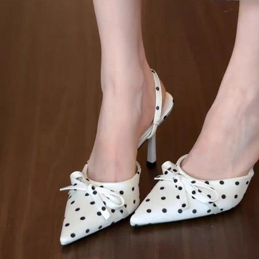 Summer New Women's Polka Dot Pointed Toe High Heels, Bow Backless Mule Sandals, Slim Heel Closed Toe Slide Sandals For Women