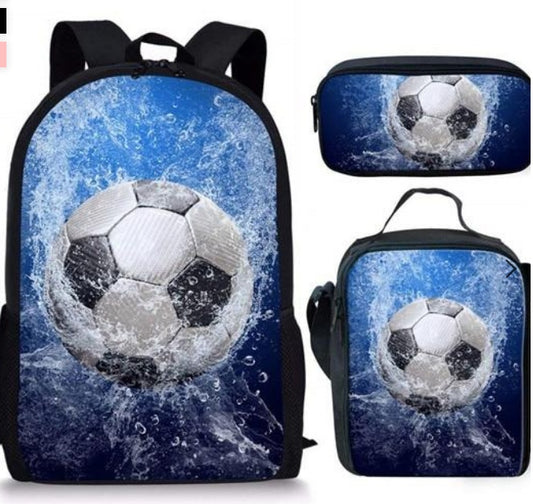 Football Print Children's Three-piece Backpack Satchel Big Pen Bag Student Backpack