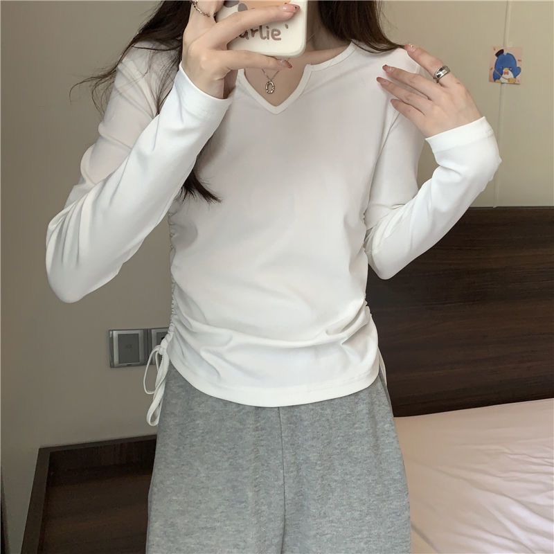 Short Belly Covering Slimming Drawstring V-neck Shoulder T-shirt