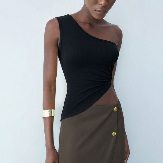 Single Shoulder Strap Vest Sexy Off-shoulder Oblique Neck Design Top