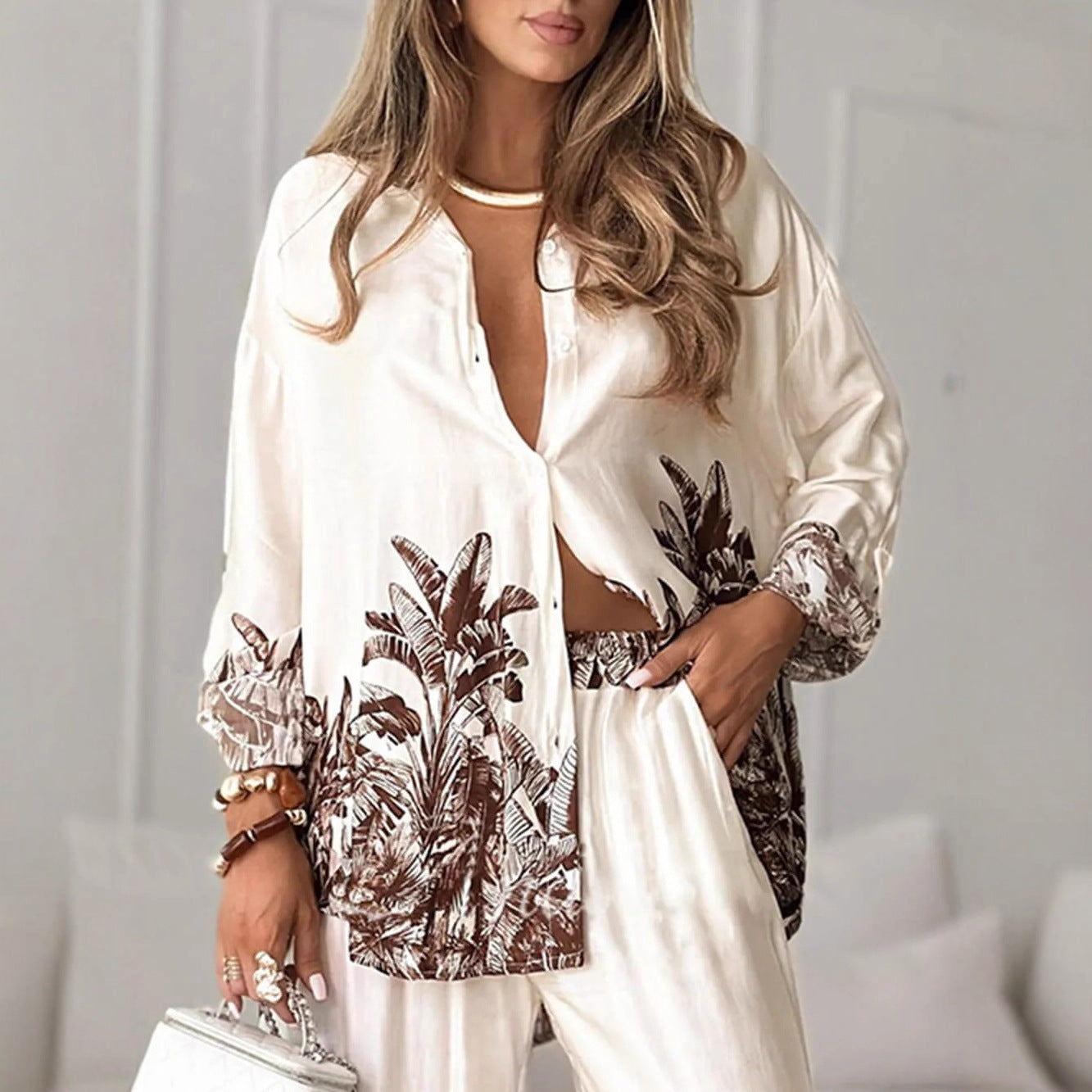 Women's Fashion Printed Cardigan And Long-sleeve Set
