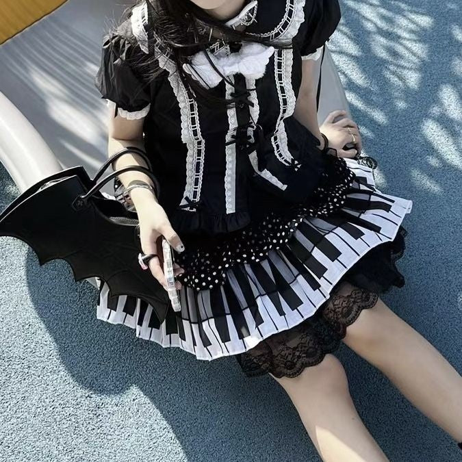 Punk Mid-ancient Black And White Piano Keys Polka Dot Lace Short Skirt