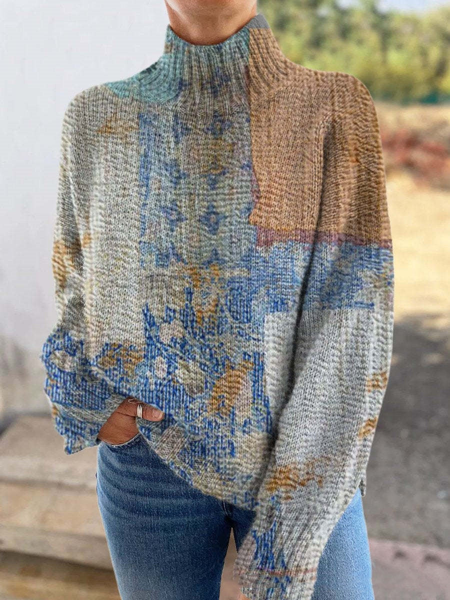 3D Striped Pattern Printed Turtleneck Long Sleeve Sweater
