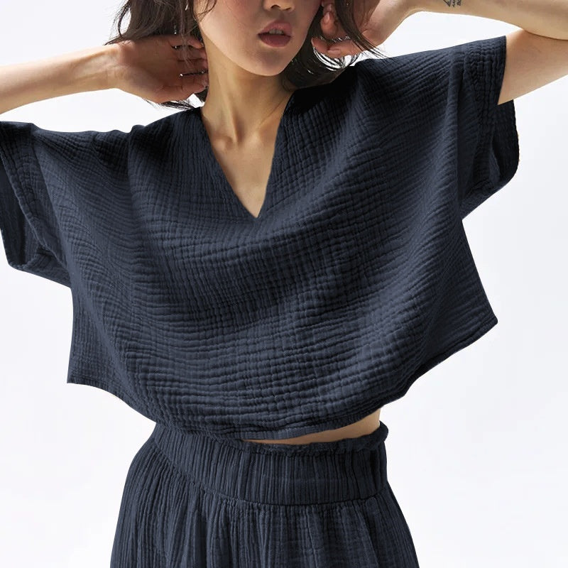 Female Simplicity Short Pure Cotton Gauze Casual Top