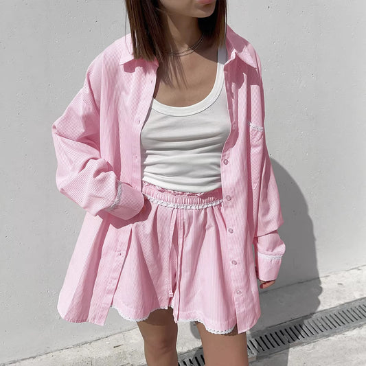 Fashionable Casual Lace-trimmed Shirt And Shorts Set For Women