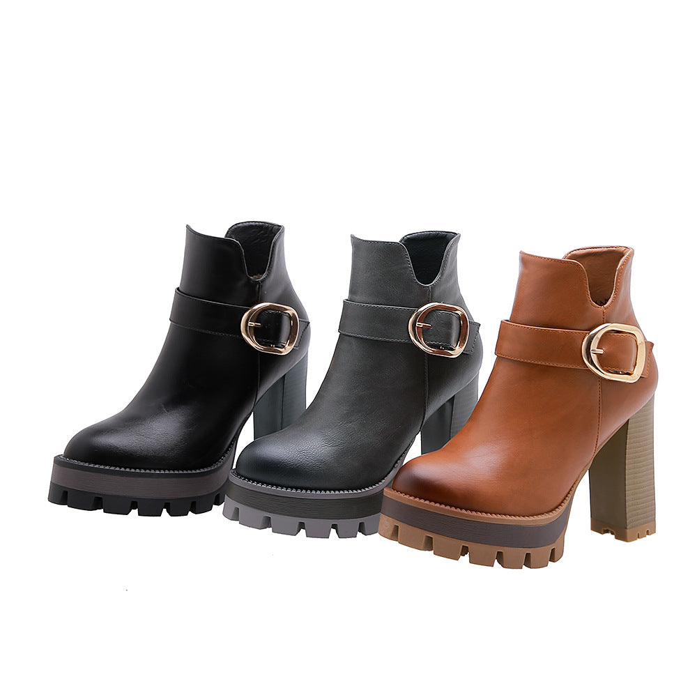 Belt Buckle Short Tube Waterproof Platform High Heel Short Women's Boots