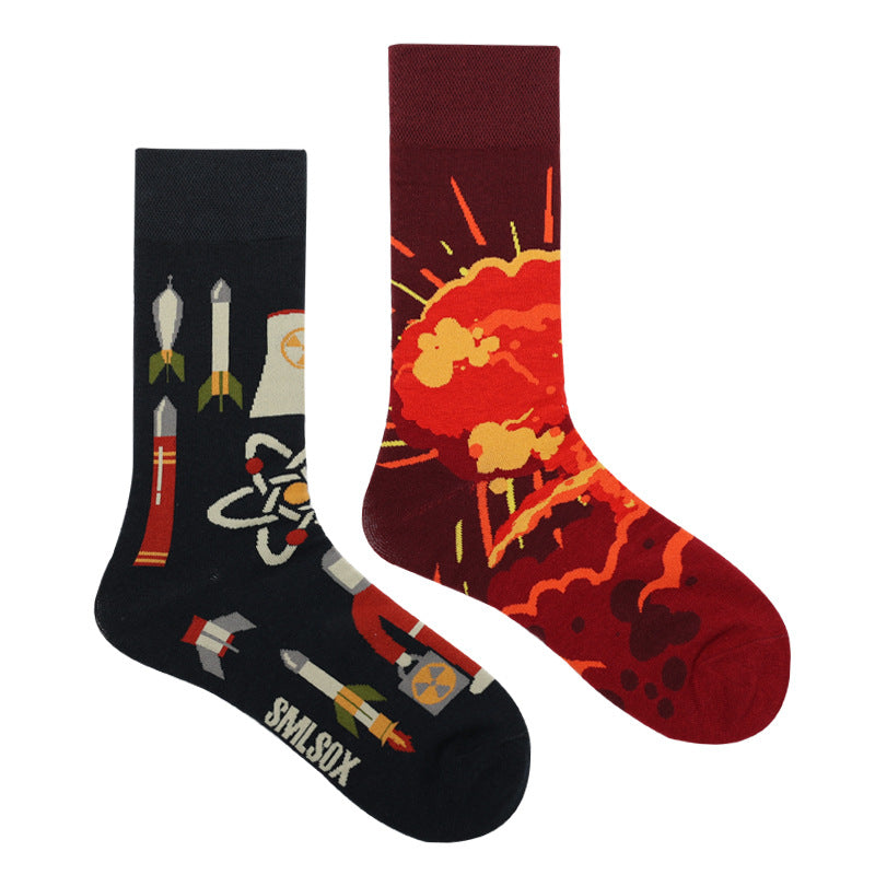 Asymmetrical Color Retro Personality Male And Female Couple Mid-length Cotton Socks
