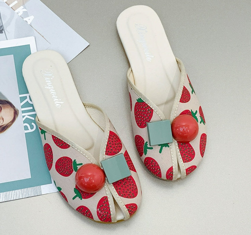 Strawberry Slippers Women's Flat Out Cherry Toe Cap Semi Slipper Fish Mouth Beach