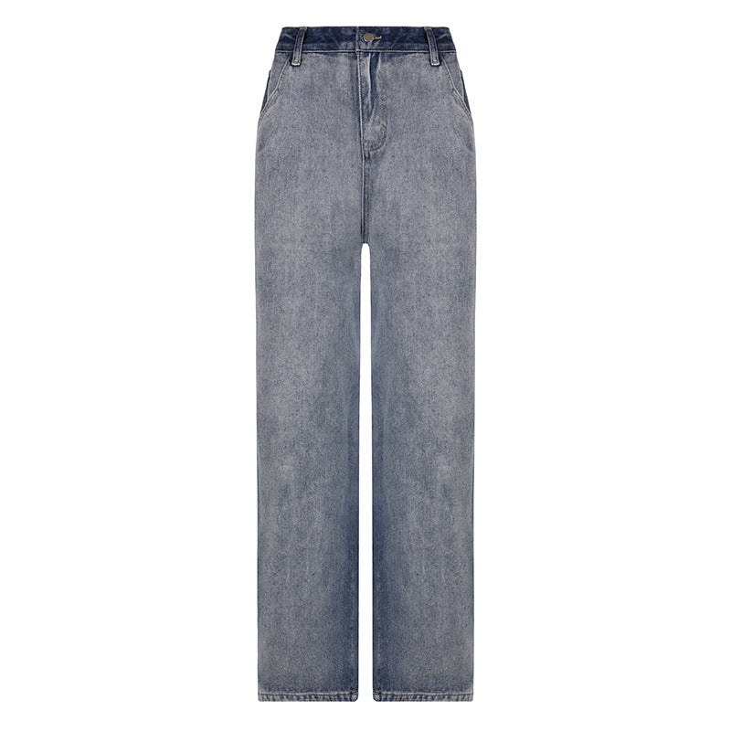 Contrast Color Stitching Wide Leg Drape Washed Distressed Skinny Jeans