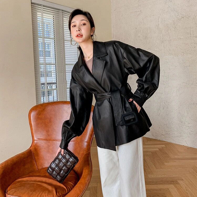 Loose Belt Small Leather Jacket