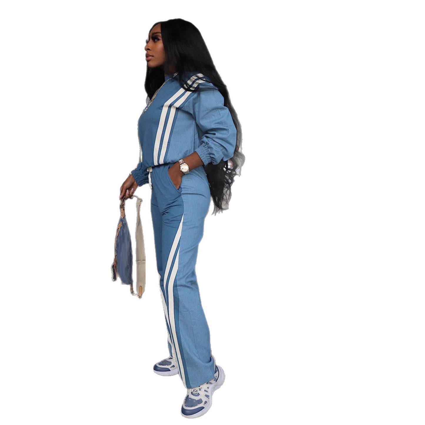 Sporty Color-blocked Faux Denim Striped Long-sleeve Hoodie With Drawstring Pants Two-piece Set