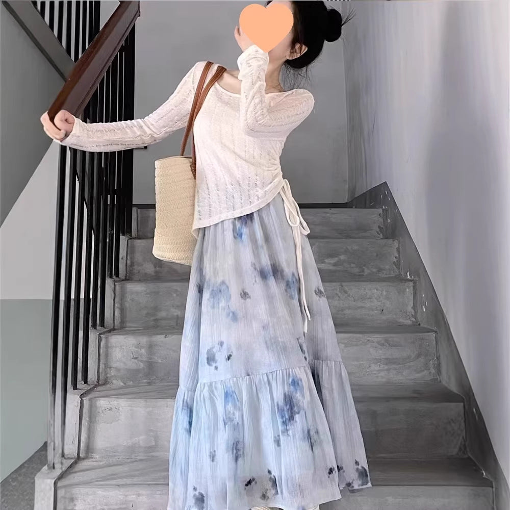 French-style Irregular Tie-Dye Dress And Skirt Set For Women