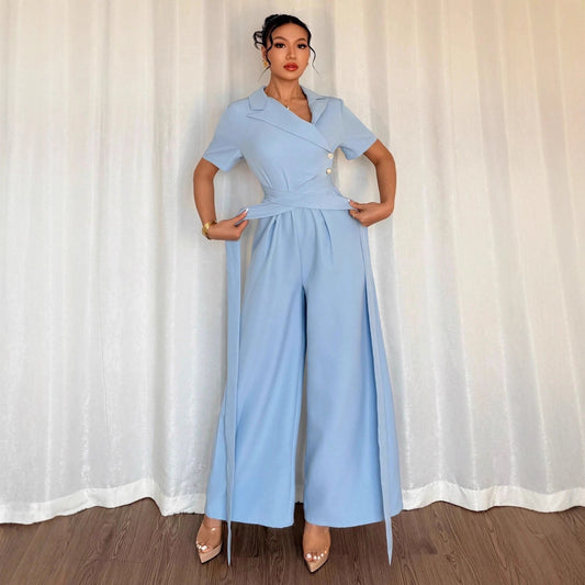 Blå Off-shoulder Jumpsuit med Bælte til Kvinder
