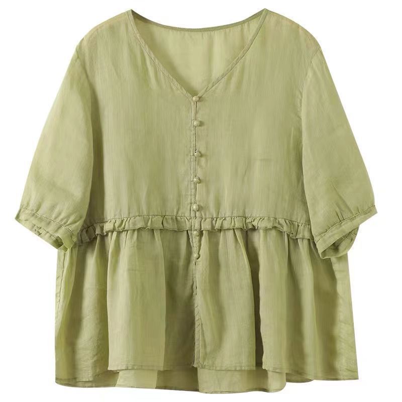 Loose V-neck Half Sleeve Cotton Linen Shirt
