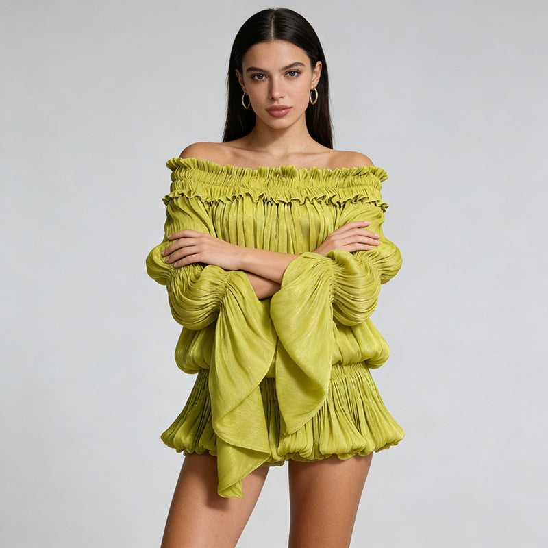 Elegant Off-the-shoulder Short Skirt With Fluttering Straps And A Tie-detail Design