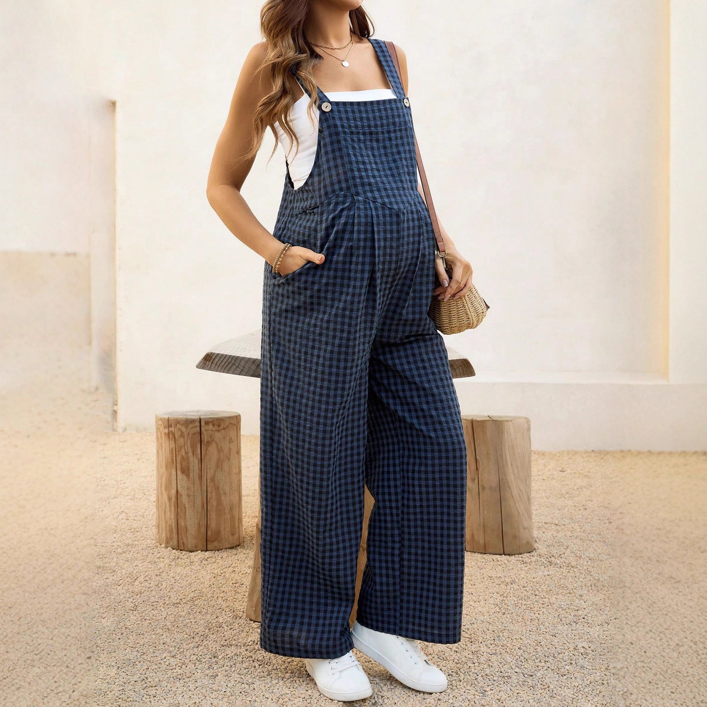SpringSummer Casual Plaid Jumpsuit Loose Maternity Suspender Pants