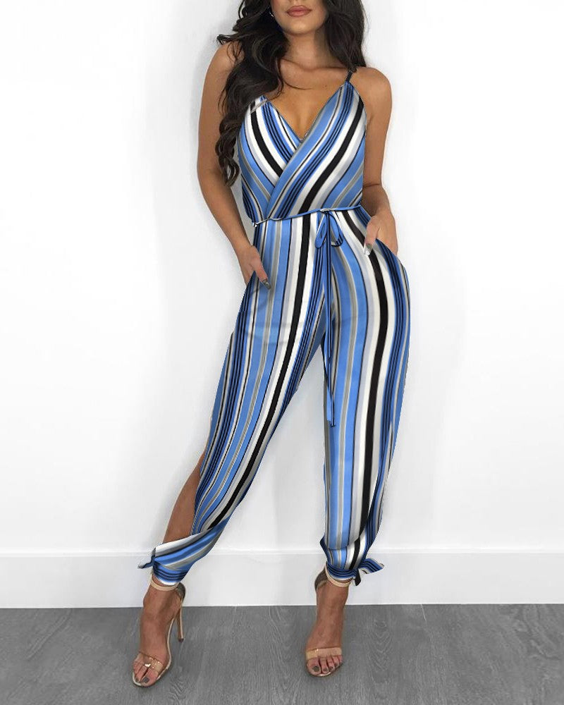 Printed Sleeveless Slit Tie V-Neck Women's Jumpsuit
