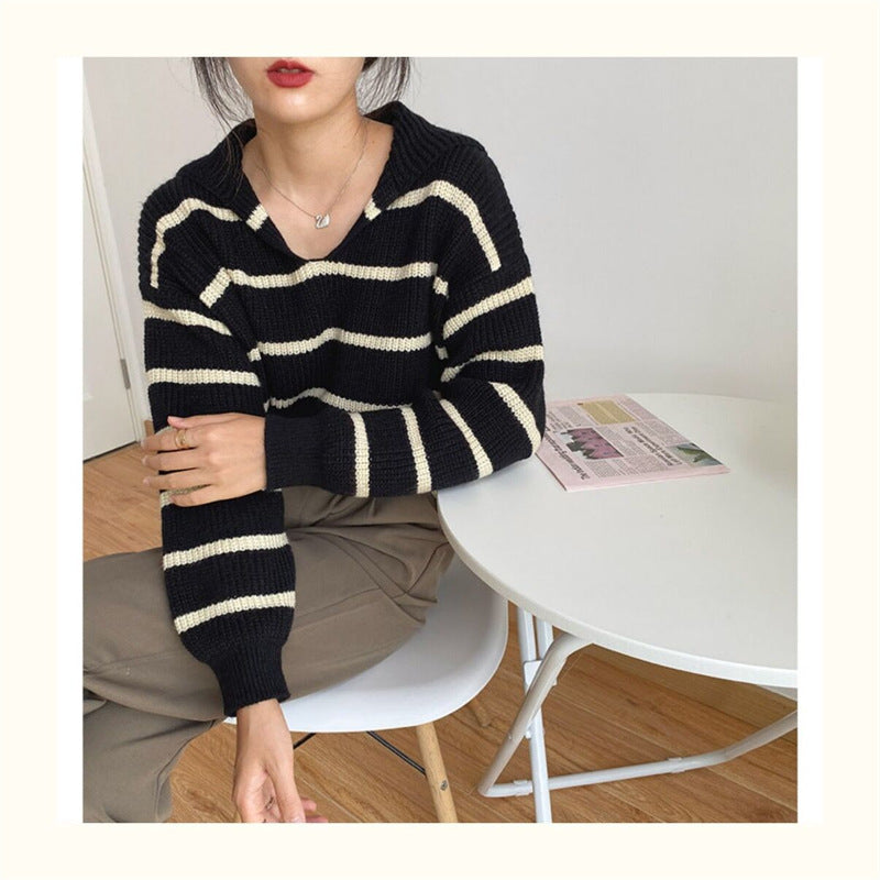 Sailor Collar Western Style Striped Loose Long Sleeve Top Women