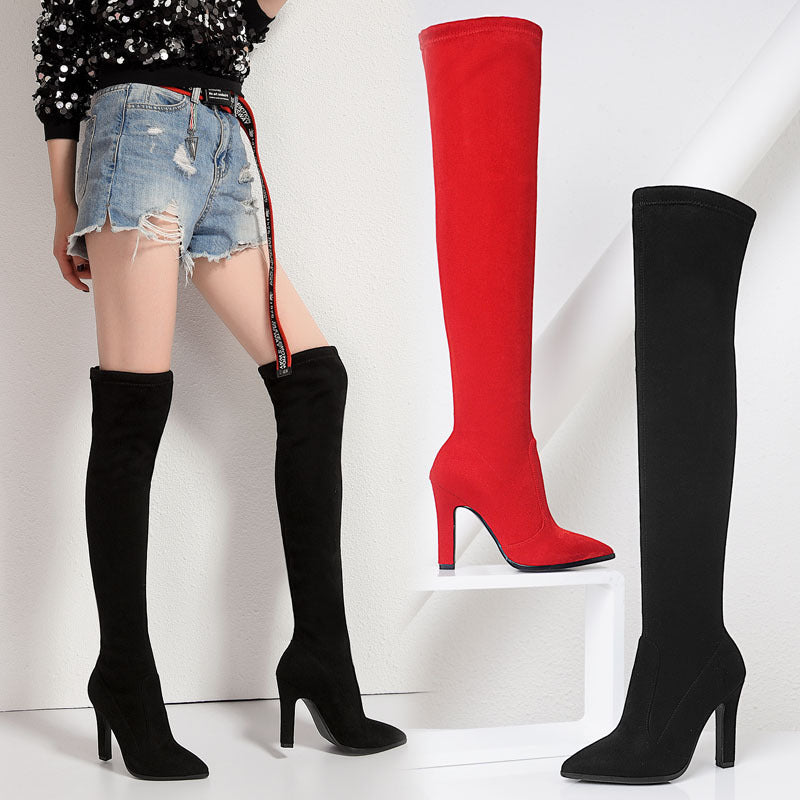 Women's Boots Suede Pointed Toe Chunky Heel Shoes High-heeled High Top Leg Repair Stretch Boots Boots