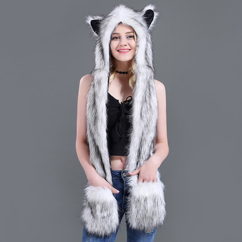 Faux Fur Strå Tegneserie Dyrehat Tørklæde Handsker Én