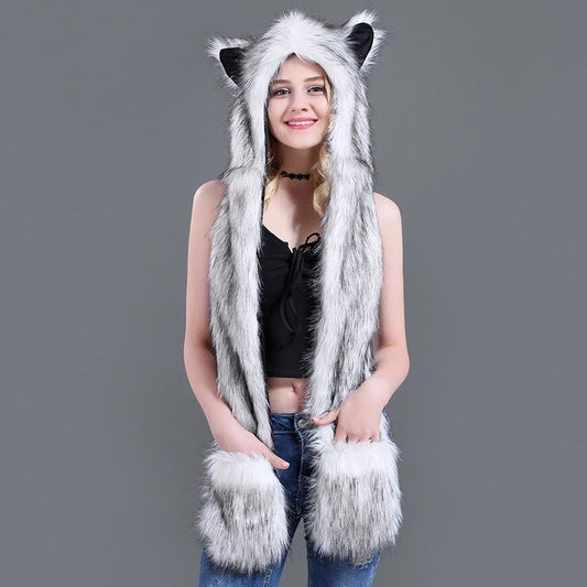 Faux Fur Straw Cartoon Animal Hat Scarf Gloves One