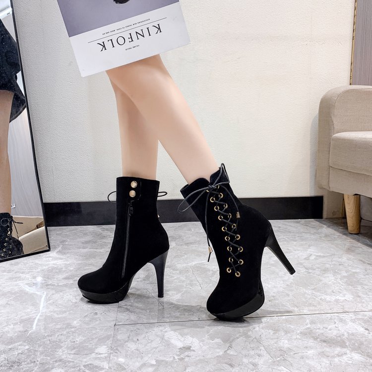 European And American Autumn And Winter High Heel Lace Up Short Boots
