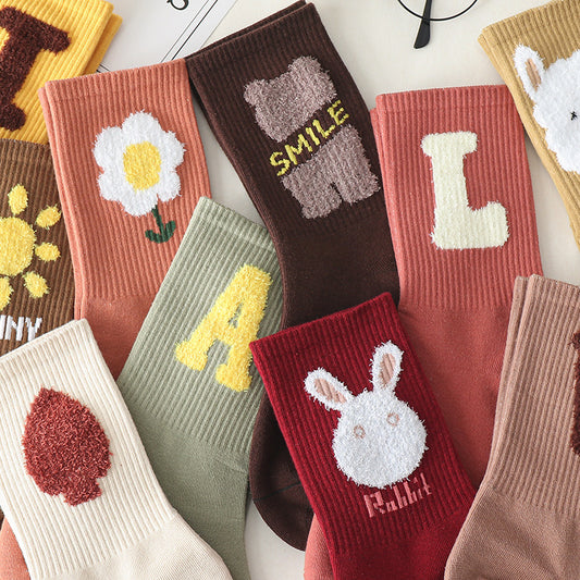 Women's Long Letter Simplicity Feather Yarn Socks