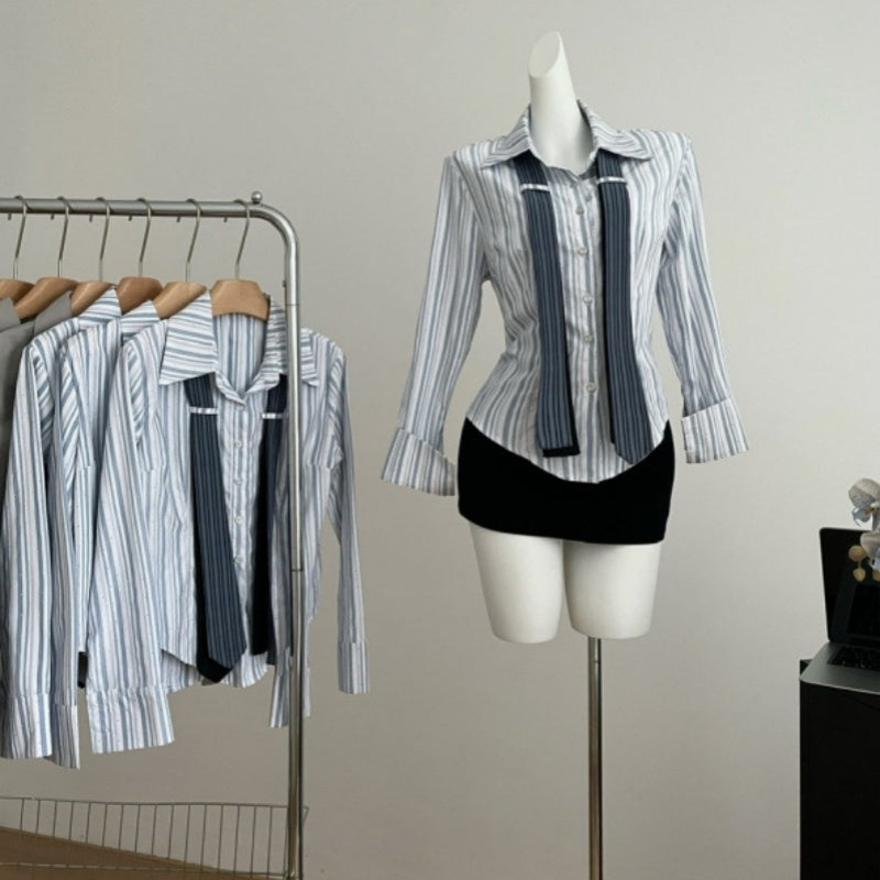 Preppy Style Double Tie Bell Sleeve Lapel Shirt