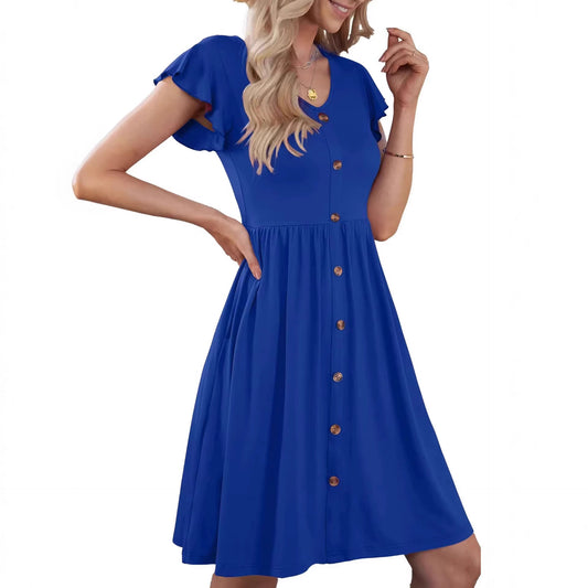 V-neck Solid Color Defined Waist Ruffle Sleeve Womens Fashion Mid-length Dress
